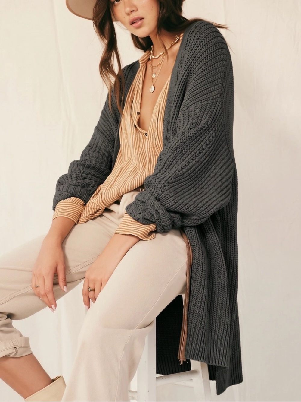 Lovers + Friends Ribbed Knit Longline Duster Cardigan Sweater Small Boho Grunge